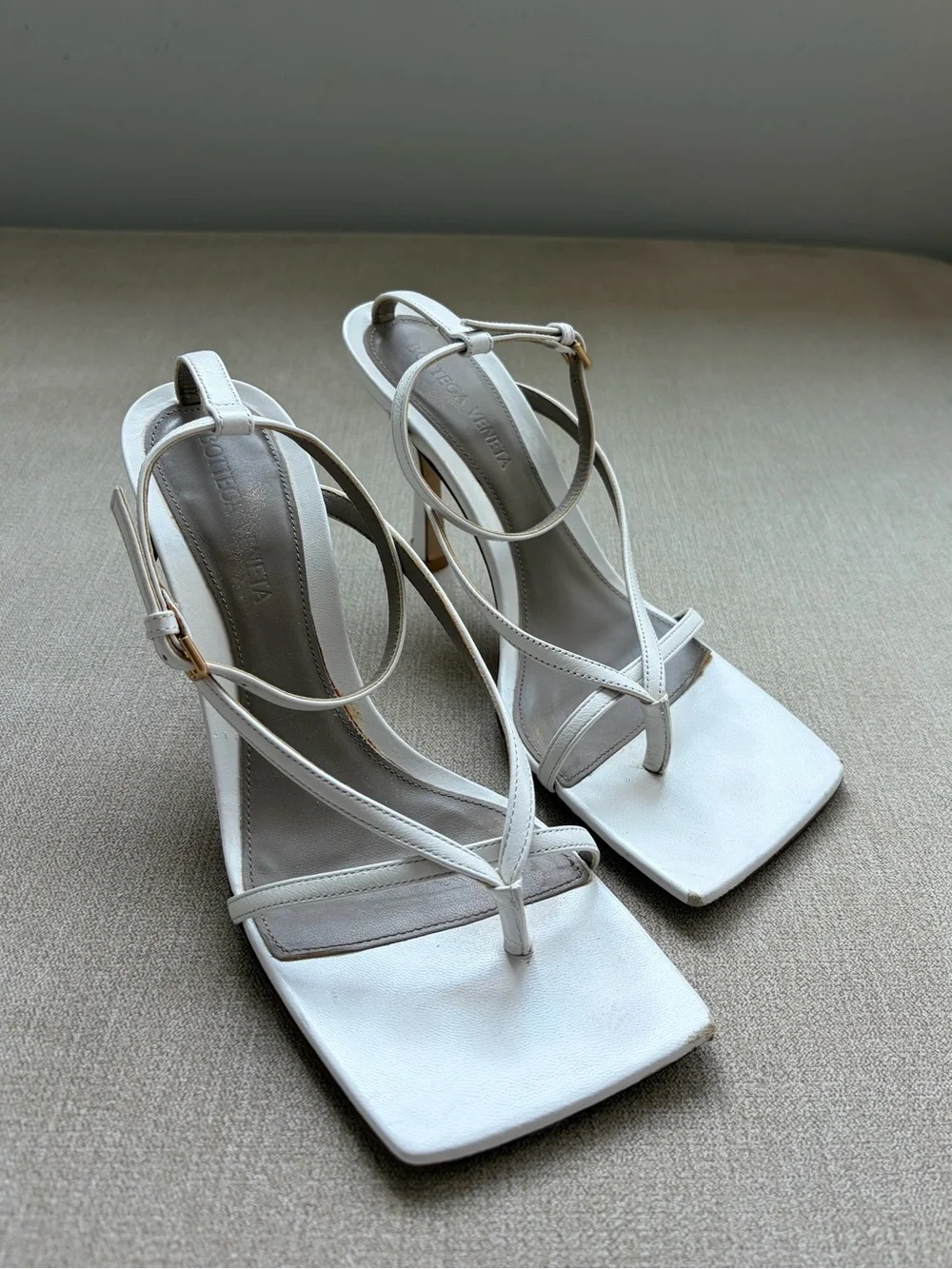 Bottega Veneta Off-White Strappy Square-Toe Stiletto Sandals